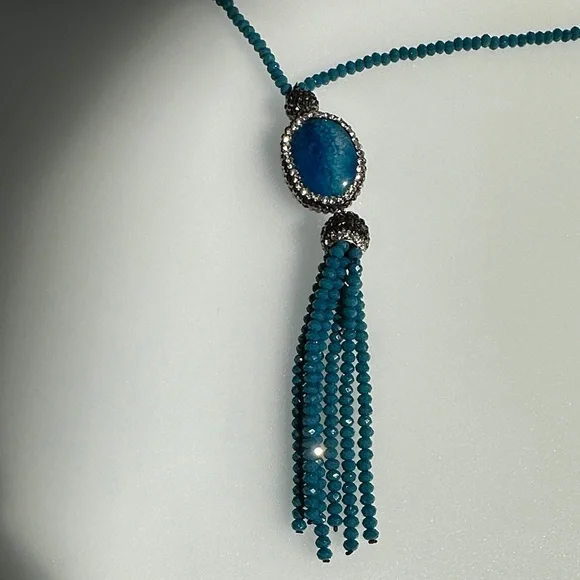 Teal Beaded Pendant Tassel Necklace - Women Jewelry - Picture 3 of 5